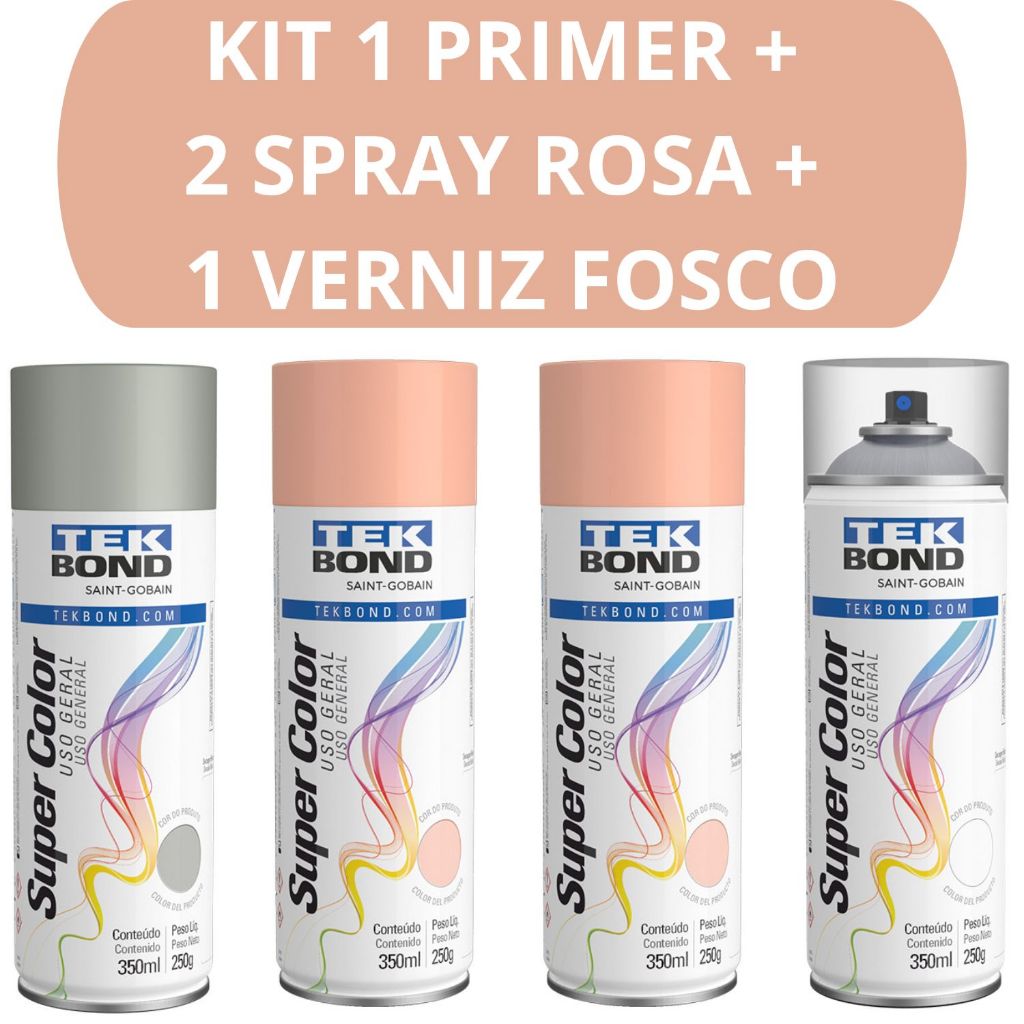 Kit 1 Primer 2 Tinta Rosa e 1 Verniz Fosco 350ml Tekbond Aerossol Secagem Rápida Gesso