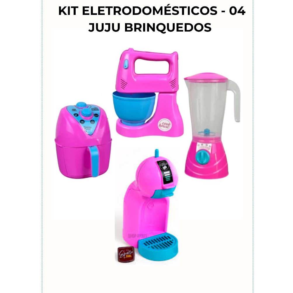 Kit Cozinha Infantil de Brinquedo Eletrodomesticos Air Fryer Cafeteira Batedeira Liquidificador 4 Peças — R$ 33,99 em Shopee