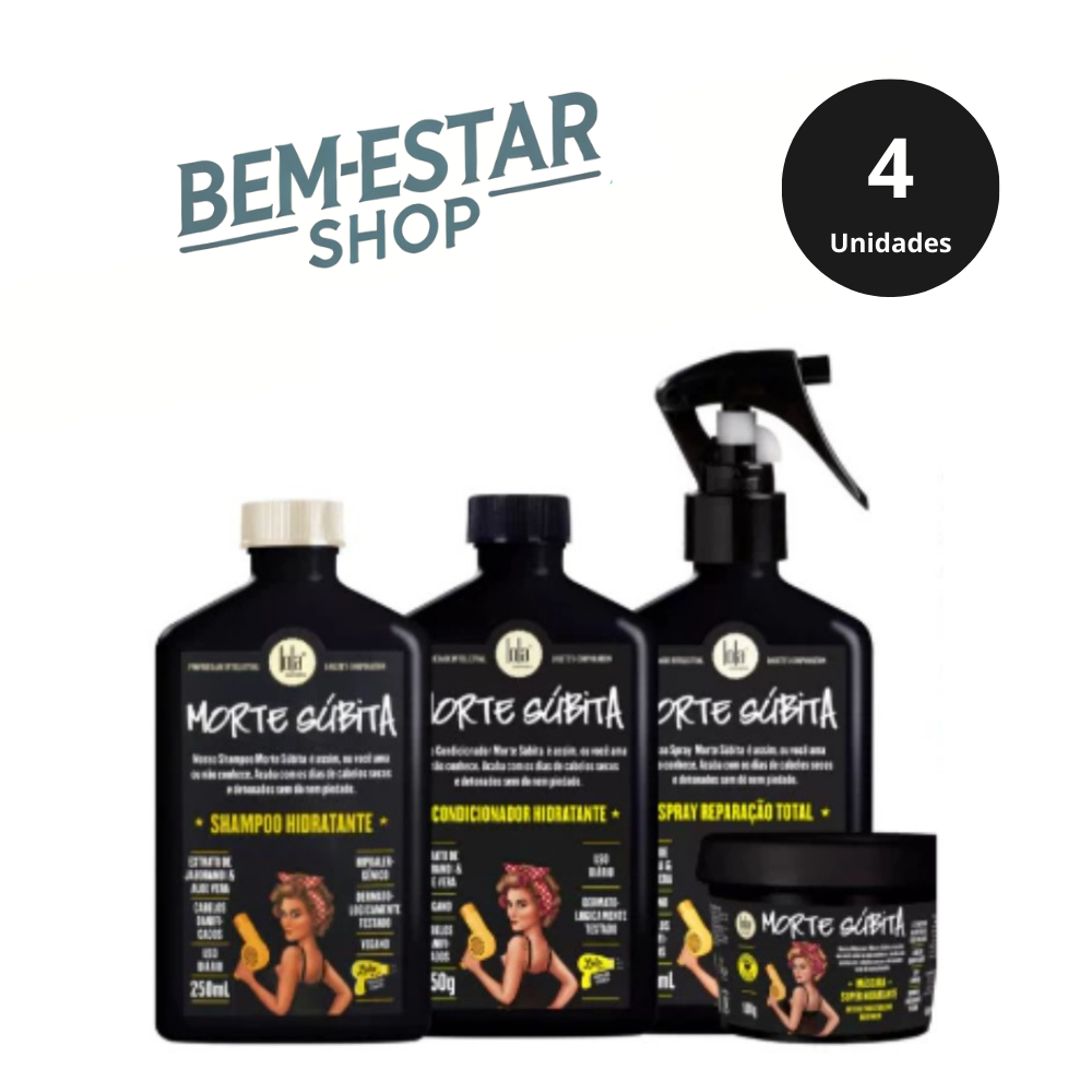 Kit Morte Súbita 4 Itens Shampoo, Condicionador, Spray Reparação Total e Máscara Super Hidratante Lola