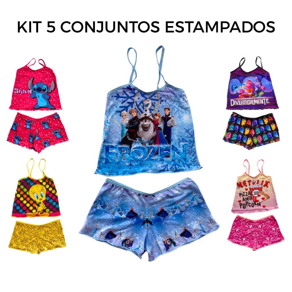 Kit 5 Conjunto Baby Doll Infantil de Personagens Blusa e Short de Menina Básico Estampado Pijama