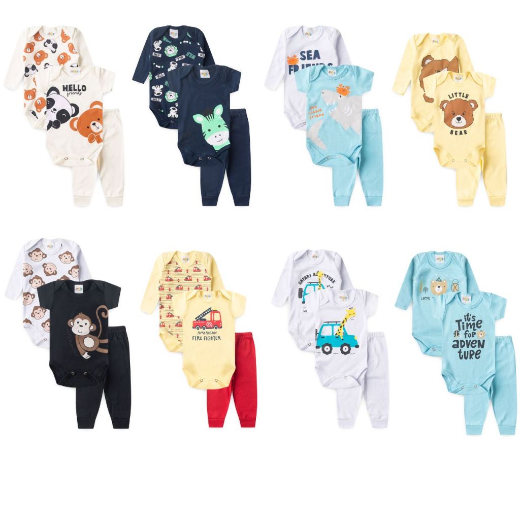 kit 9 peças body bebê menino manga longa curta 100% algodão estampas variadas calça lisa d...