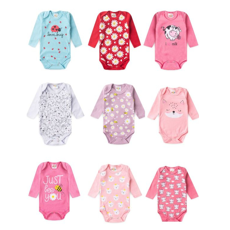 KIT 5 PEÇAS BODY  AVULSO MENINA VERÃO MANGA LONGA SORTIDAS P AO GG