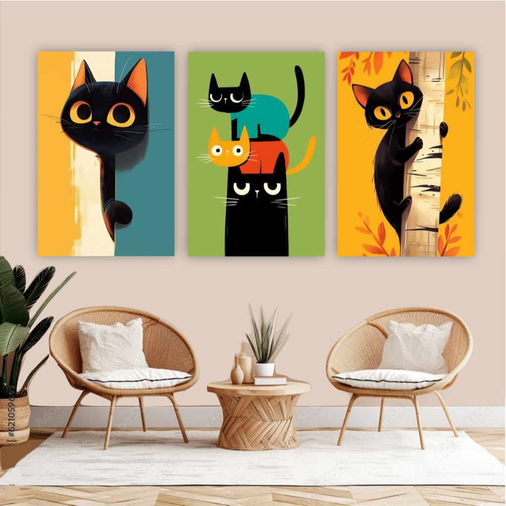 Quadro decorativo 3 peças gatinhos fofos gato decoração para sala quarto pet shop varanda