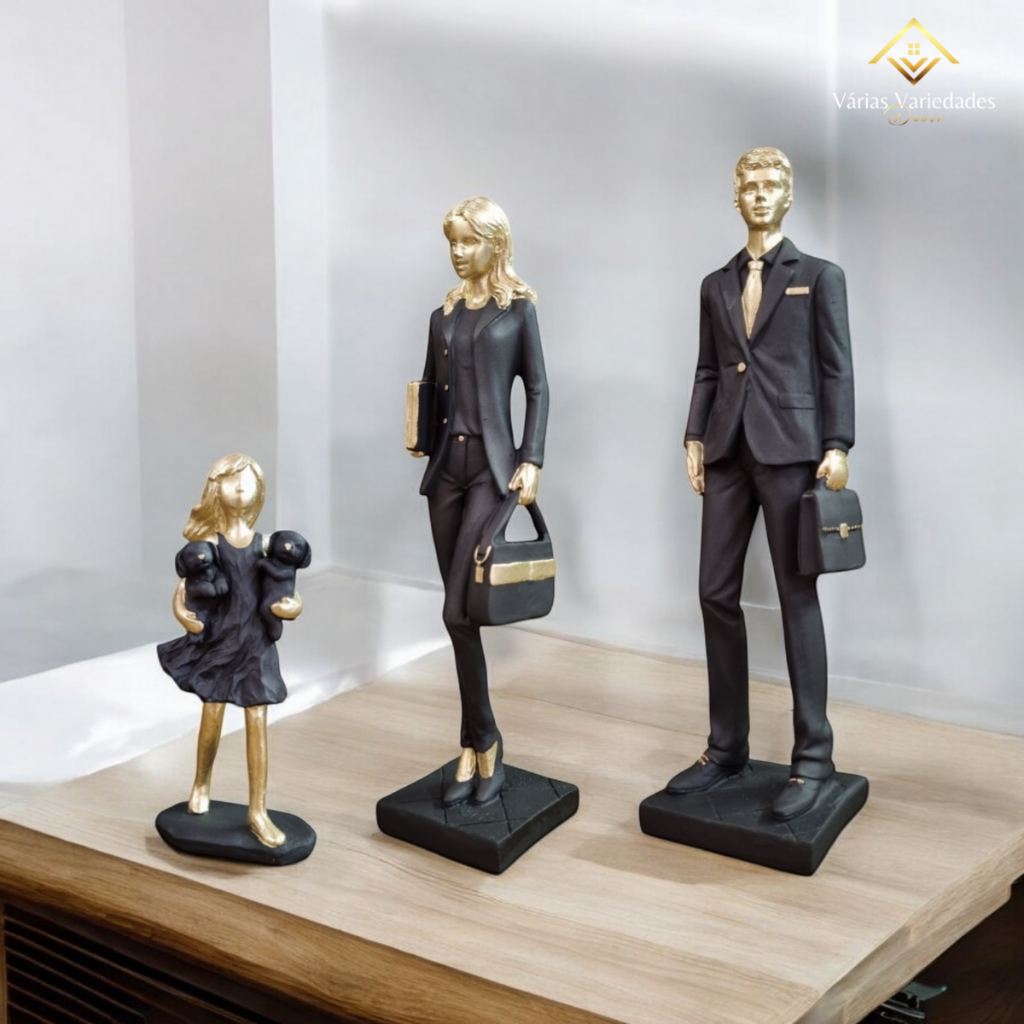 Kit 3 Peças Estátua Decorativa Família Casal Executivo Profissões C/ Filha Gesso Exclusivo
