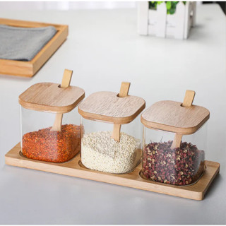 Conjunto 3 Potes De Vidro Condimento com Tampa de Bambu Colher Suporte Kit Jogo para Tempe...