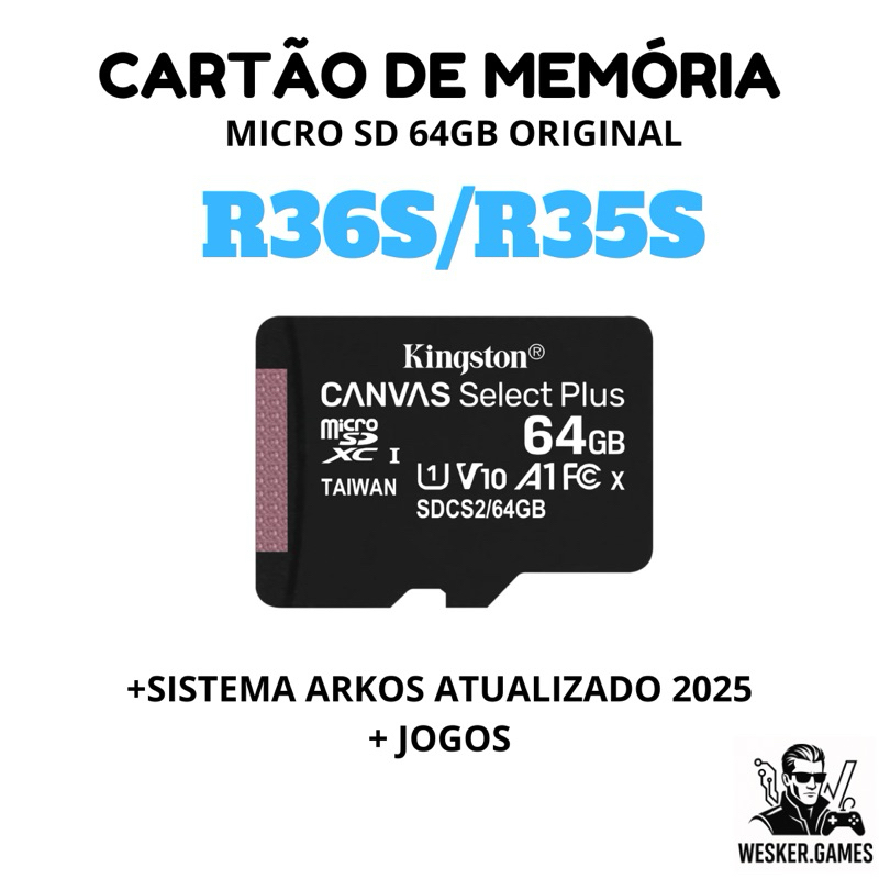Cartão de Memória Micro SD 64GB Original Com Sistema ArkOS Última versão 2025 + Jogos P/Portátil R35s e R36s em Oferta na Shopee