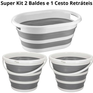 Kit Com 1 Cesto De 26 Litros Retrátil de Silicone E 2 Baldes De 10 Litros Retrátil Dobráve...