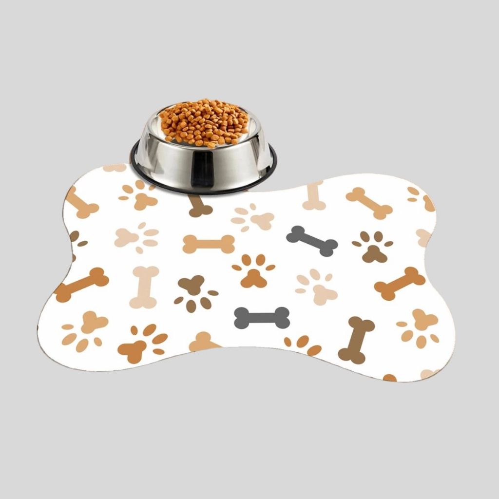 Tapete Pet Antiderrapante Emborrachado Macio Bebedouro Comedouro Cachorro Gato Ossinho Patinha Bege