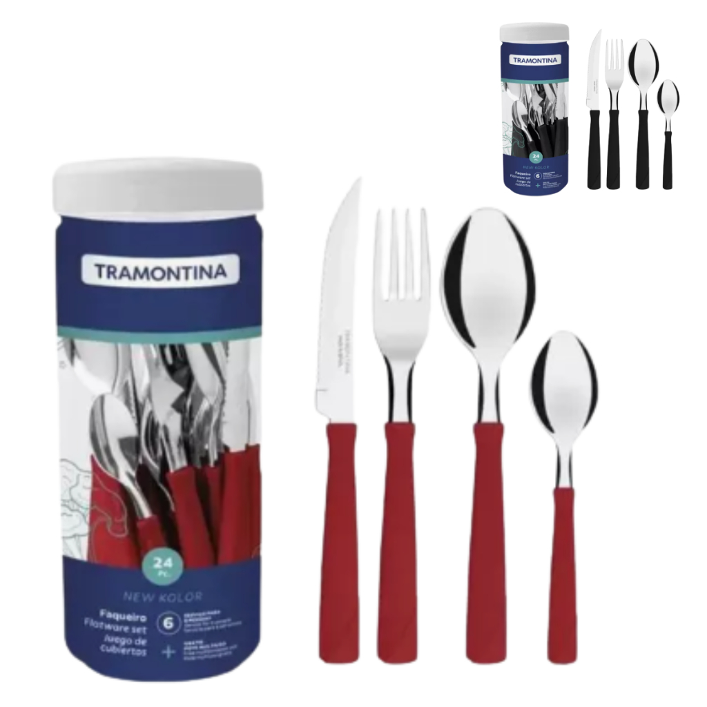 Faqueiro New Kolo Completo Lâminas Aço Inox 24 Peças Tramontina Preto/Vermelho No Pote