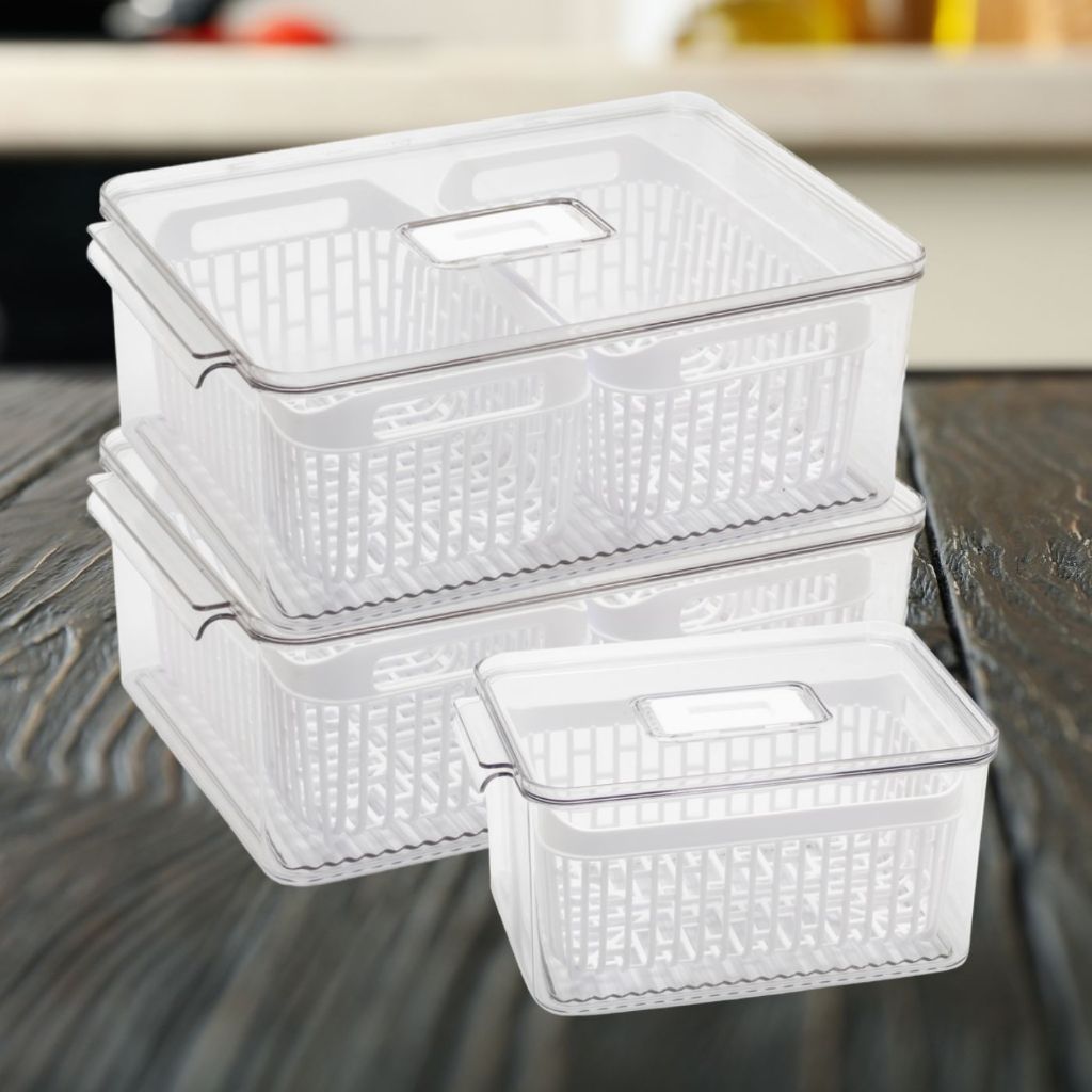 Kit 3 Organizador de Geladeira Cesto Com Tampa Multiuso Alimentos Verduras e Vegetais