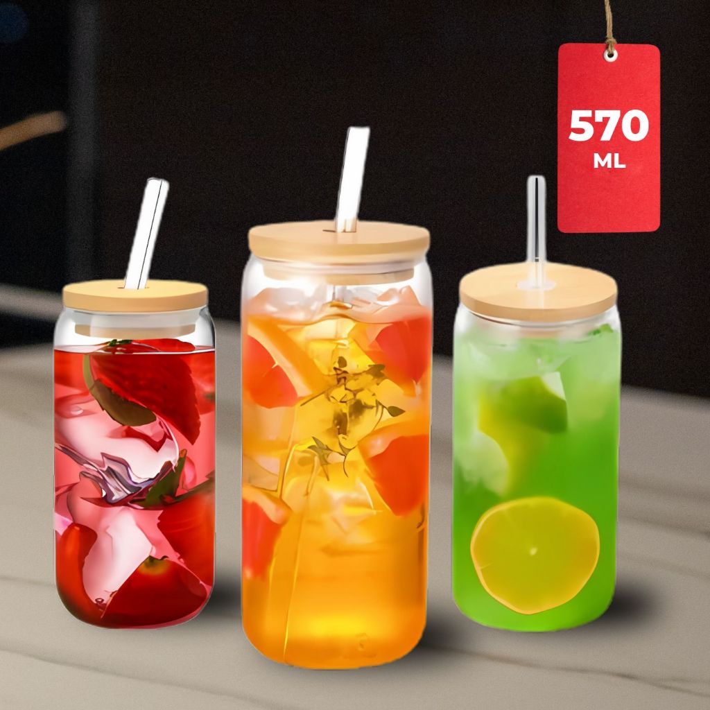 Kit 3 Copo de Vidro com Tampa de Bambu e Canudo de Vidro 570 ML Drinks Caipirinha