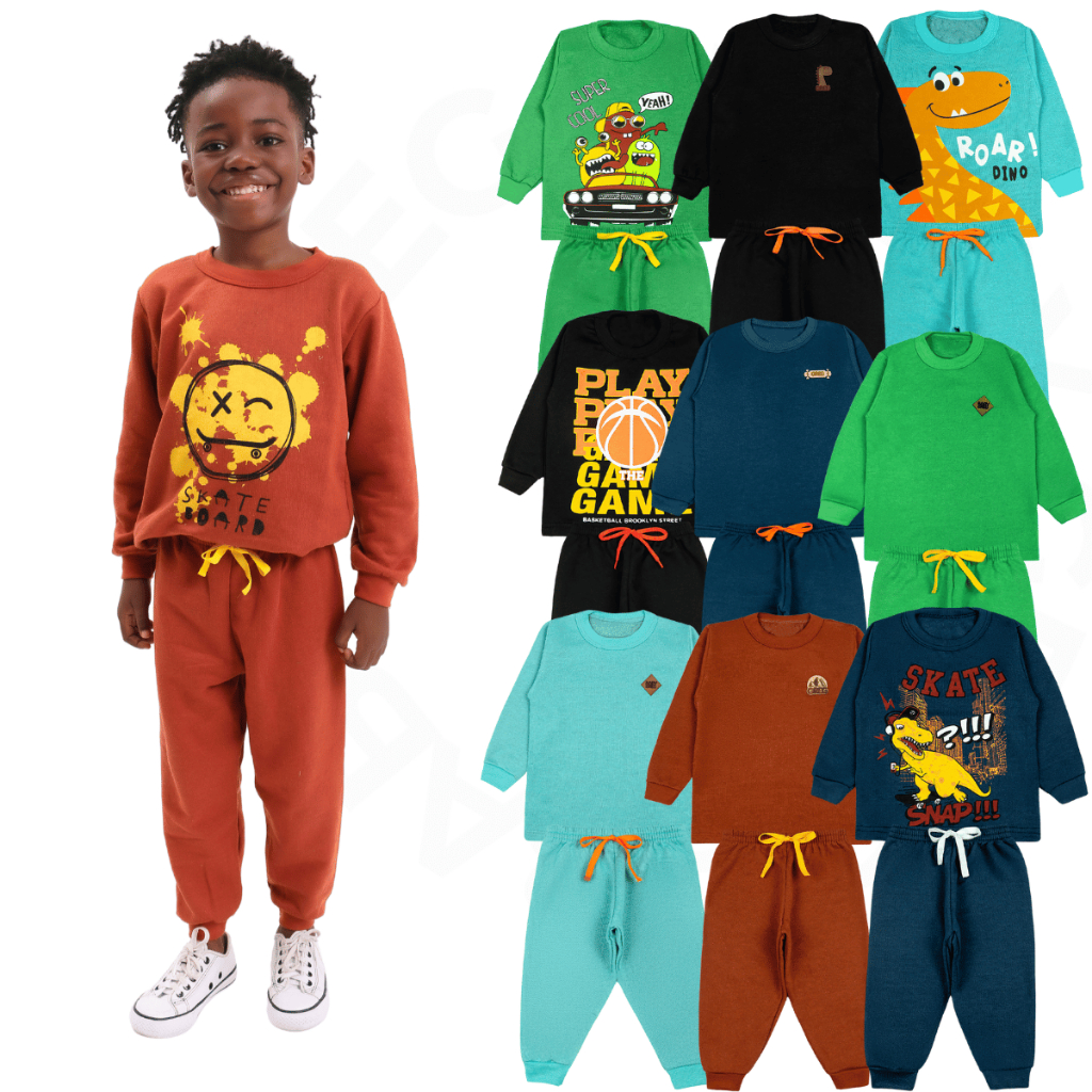 Kit 10 Peças Conjunto Inverno Bebê e Infantil Sortidos Menino Estampado e Liso Casaco e Calça Moletom (5 Conjuntos)
