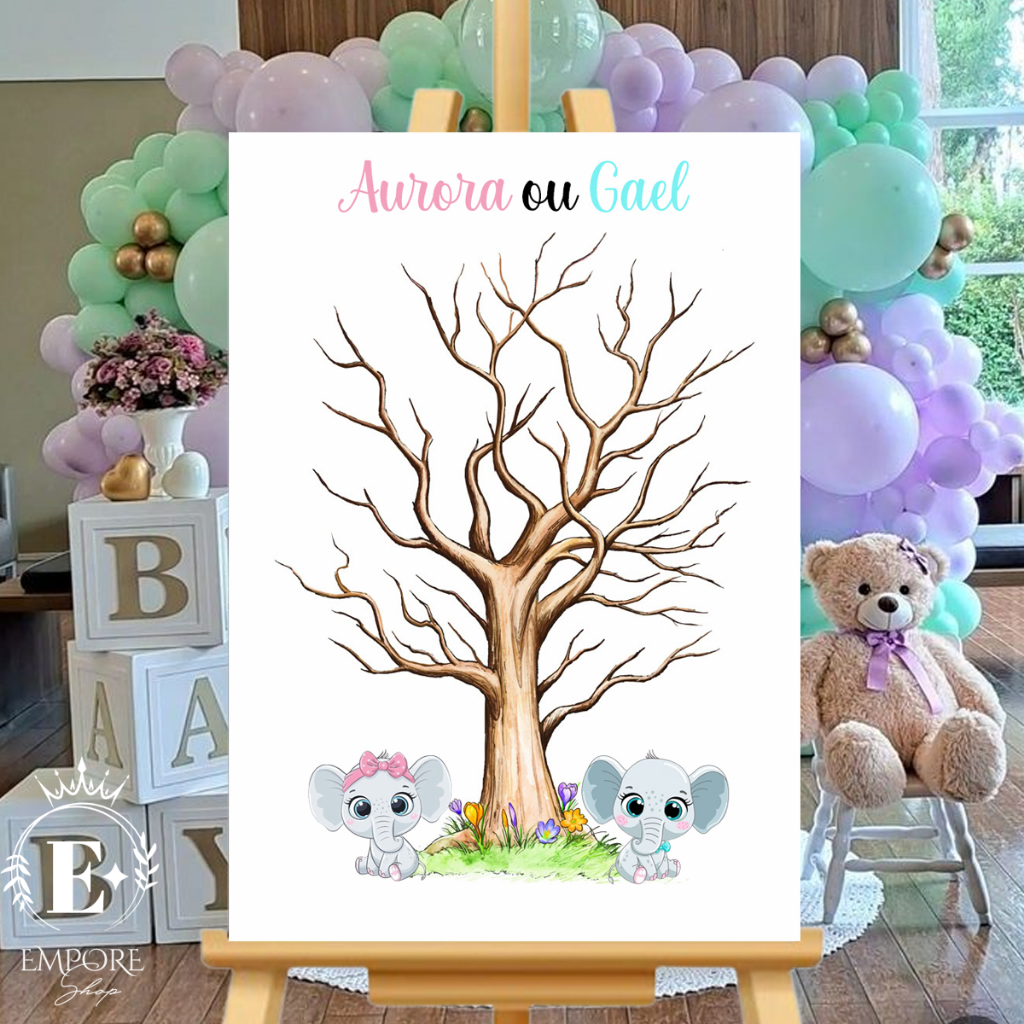Quadro Decoração Arvore Chá Revelação Elefantes Elefantinho Menino ou Menino Azul Rosa Personalizado