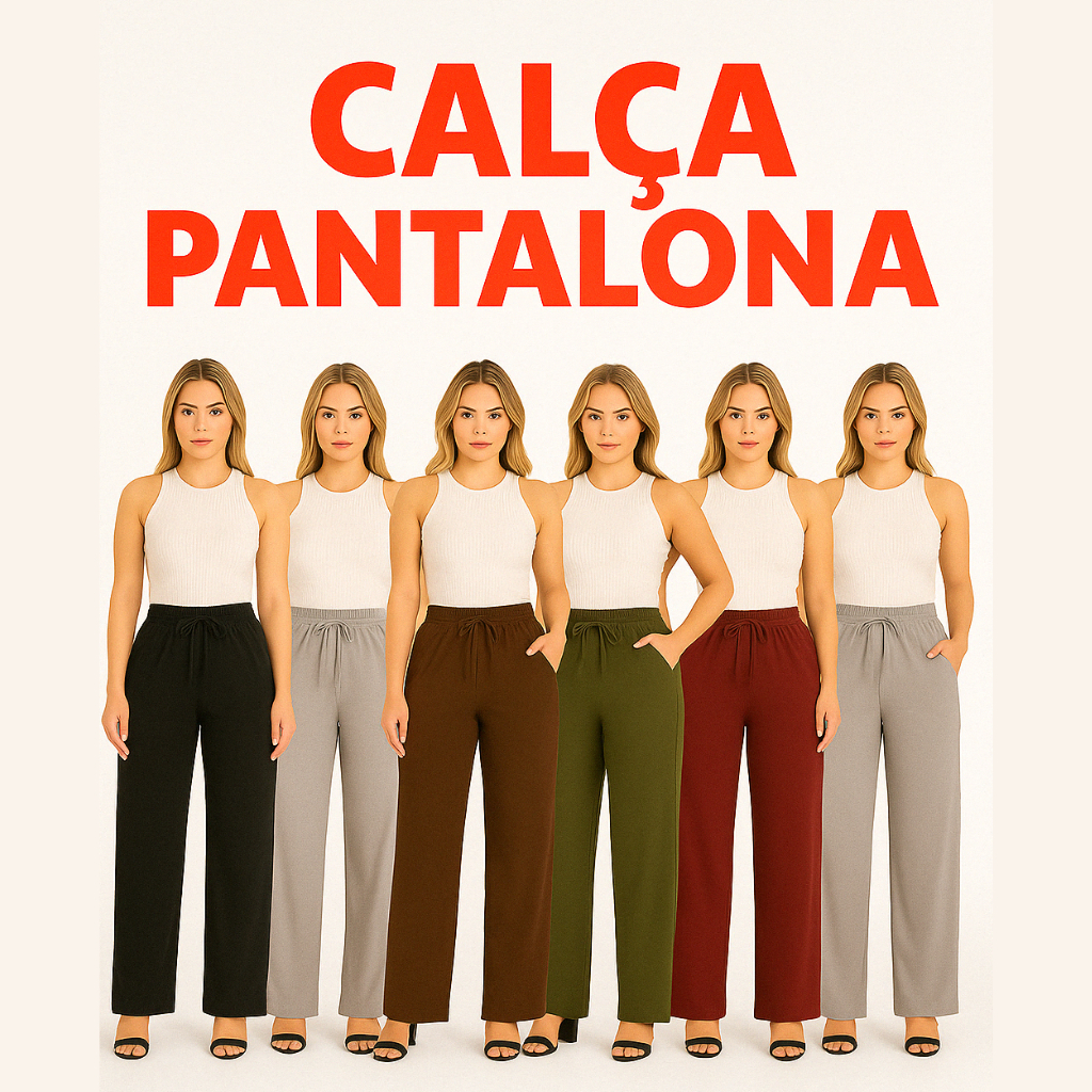 Calça Pantalona Feminina Cintura Alta Com Bolso Tecido Duna Promoção Oferta