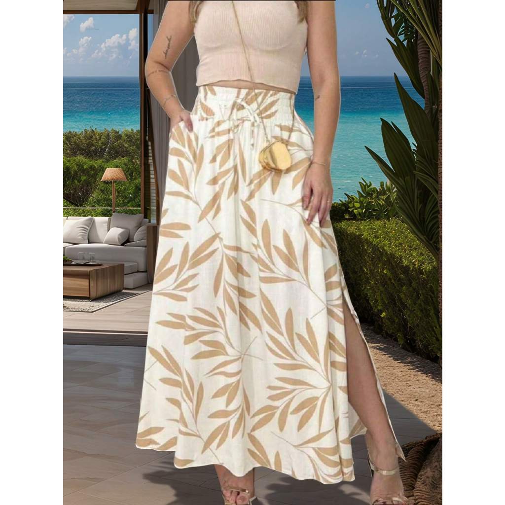 steve store moda feminina saia Viscolinho estampado com forro , contem  bolso e fenda nas laterais em Oferta na Shopee