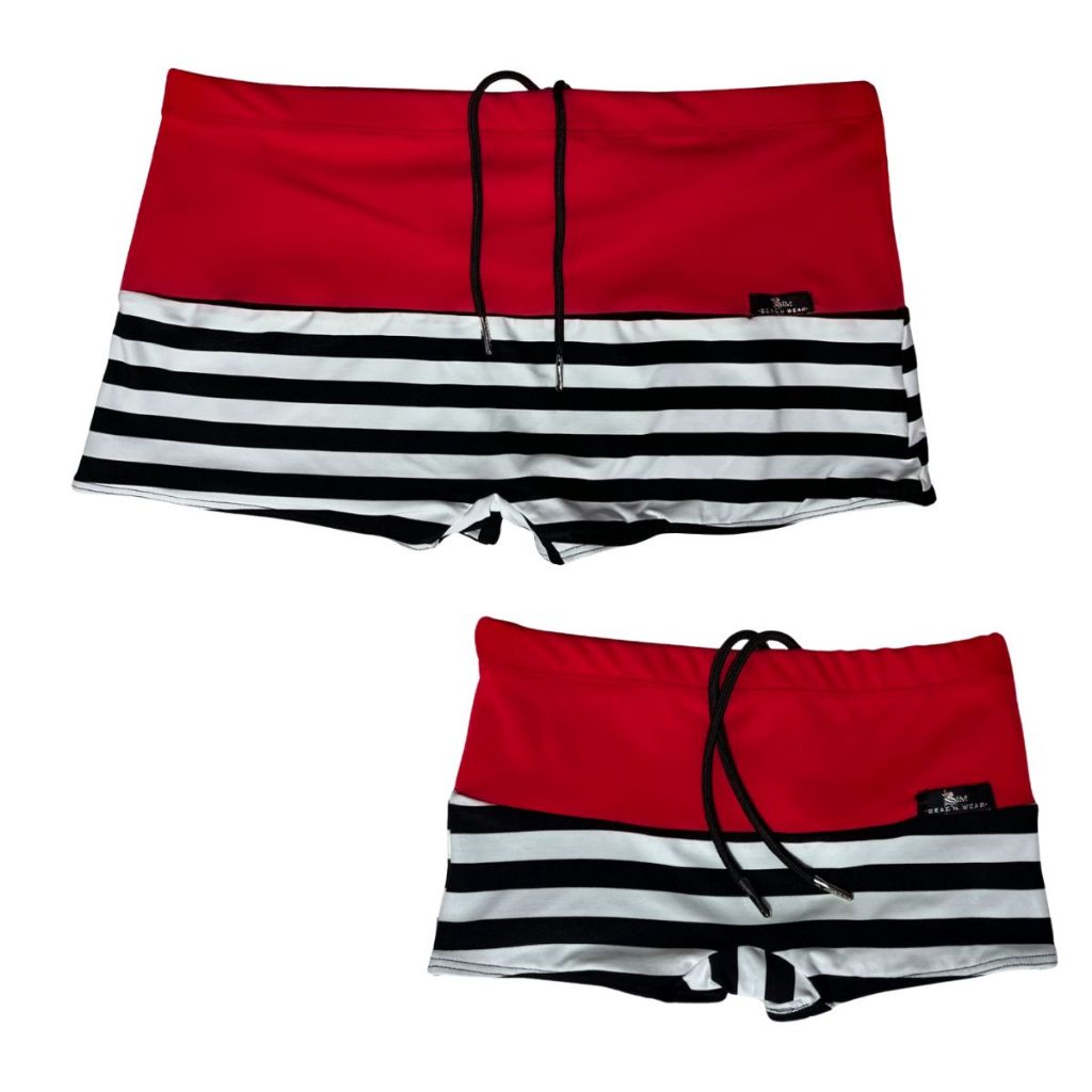 Kit Tal Pai Tal Filho Sunga Boxer Moda Praia Forrada Cordão Ponteira Maritimo Vermelho e Listras Pretas Proteção UV