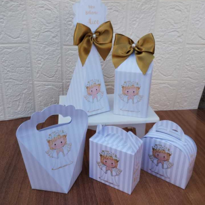 PEGUE E MONTE - Kit Festa Personalizados BATISMO/BATIZADO DOURADO MENINA Lembrancinhas Caixinhas para Aniversário
