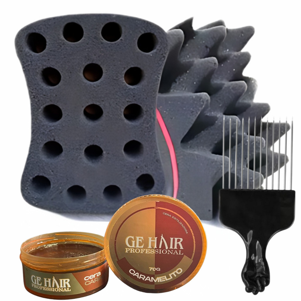 Kit Esponja Nudred Dupla Enrolar Cabelos M 16mm + Cera + Pente Afro