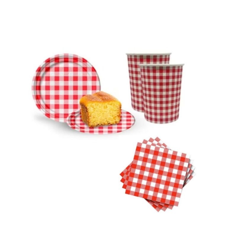 Kit Descartável Xadrez 16 Copos + 20 Prato Xadrez + 50 Guardanapo Xadrez Festa Junina Festa Aniversário Infantil Fastas
