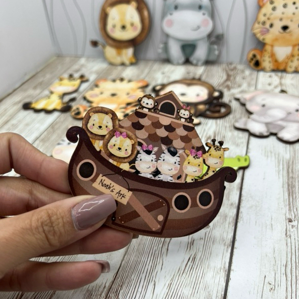 Kit de bichinhos em Mdf Arca de Noé decoração de objetos ou kit higiene