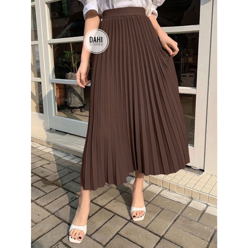 Saia midi plissada feminina lisa longuete com forro cintura alta moda evangélica casual e modesta em Oferta na Shopee