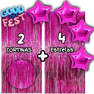 Kit 2 Cortinas Metalizada + 4 Balões Estrelas, Kit decoração, Festa, comemoração, adereços, 13 Cores em Oferta na Shopee