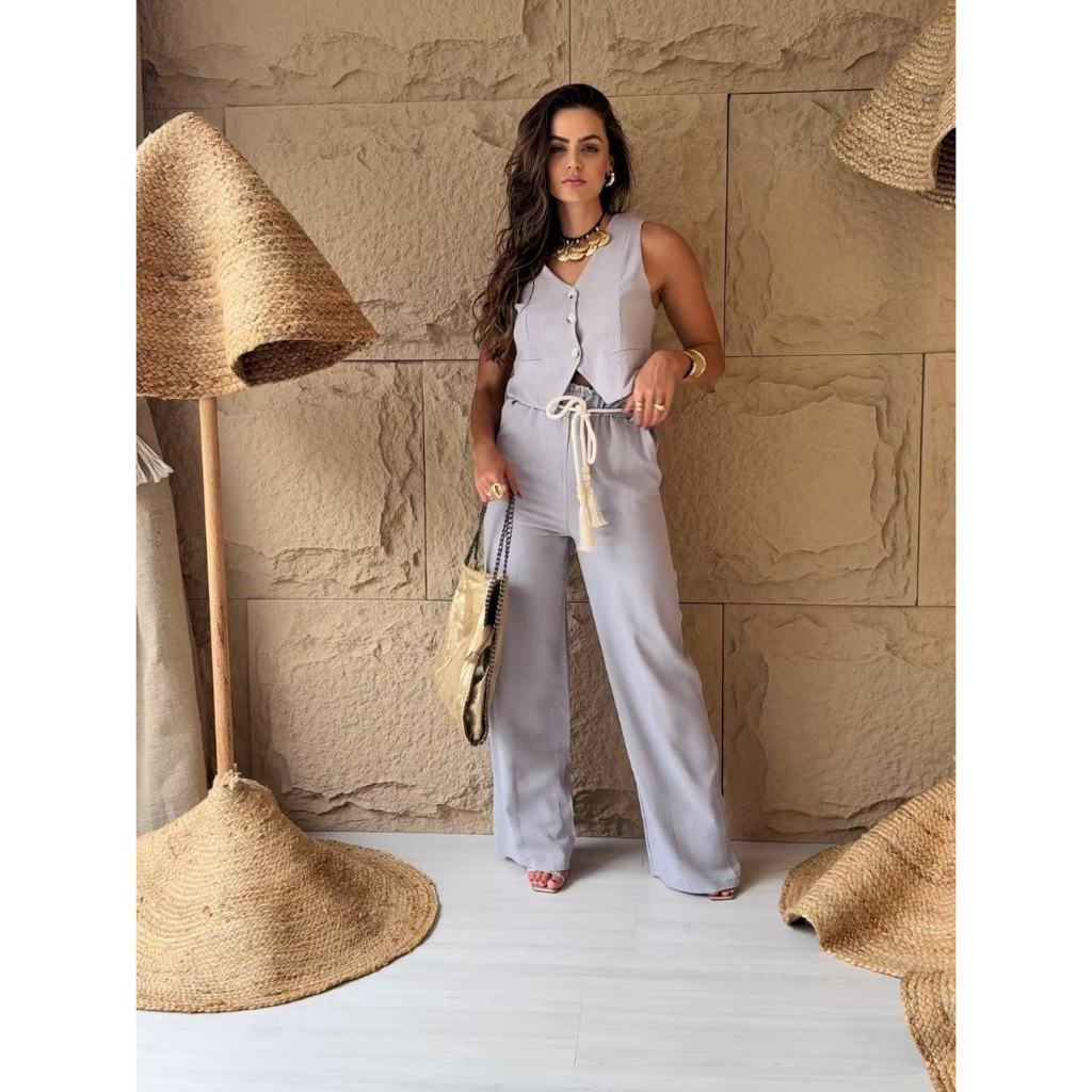 Conjunto de colete e calça da moda feminina 062女士时尚四色套装