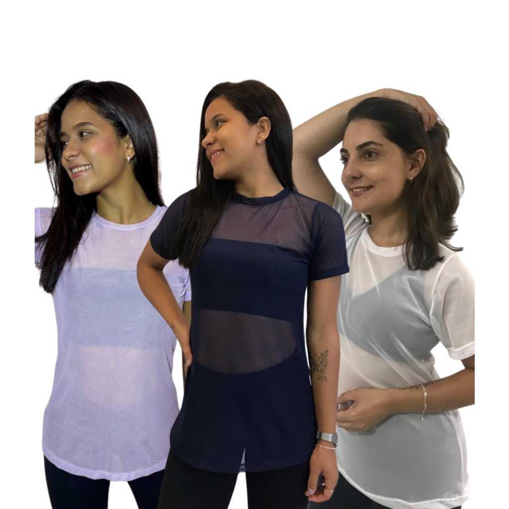 Kit 3 Blusas Feminina de Tule academia fitness transparente