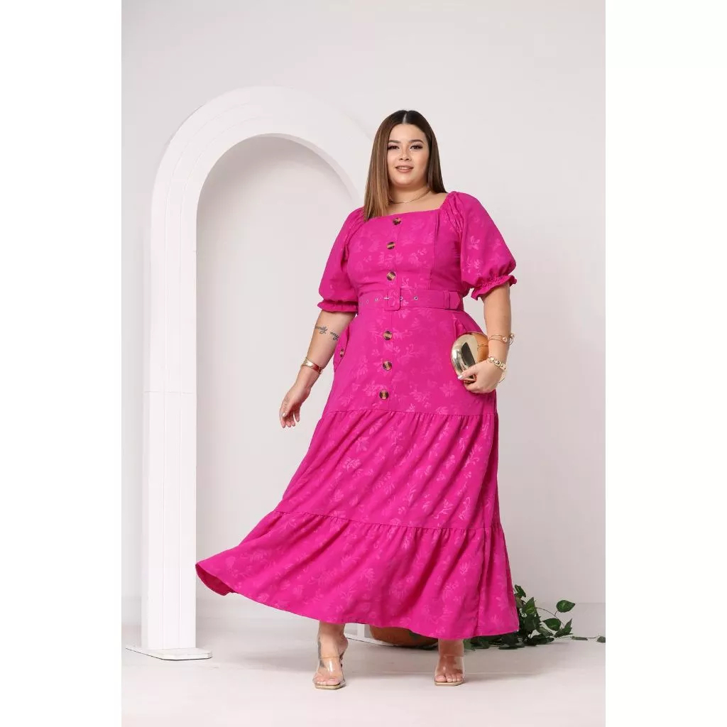Vestido Feminino Longo com Cinto Tecido Duna floral 3D Plus Size em Oferta na Shopee
