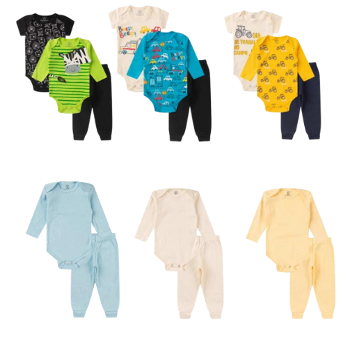 Roupa Para Bebê Body Kit 5 Peças Inverno Infantil Menino (Kit 3 Peças Body + Conjunto Body Ribana) RN Ao GG