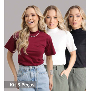 Kit 3 Camisetas Básicas Femininas Manga Oversized Blusa Gola Alta 100% Algodão
