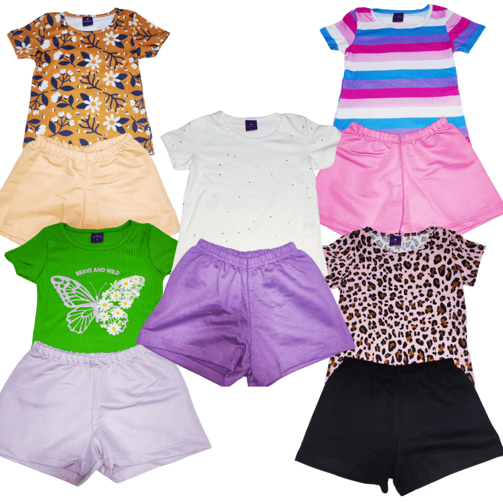 Kit Sortido 10 Peças de Roupas Infantil Menina - 5 Camisetas + 5 Bermudas - Kit com 5 Conjuntos de Roupa Infantil
