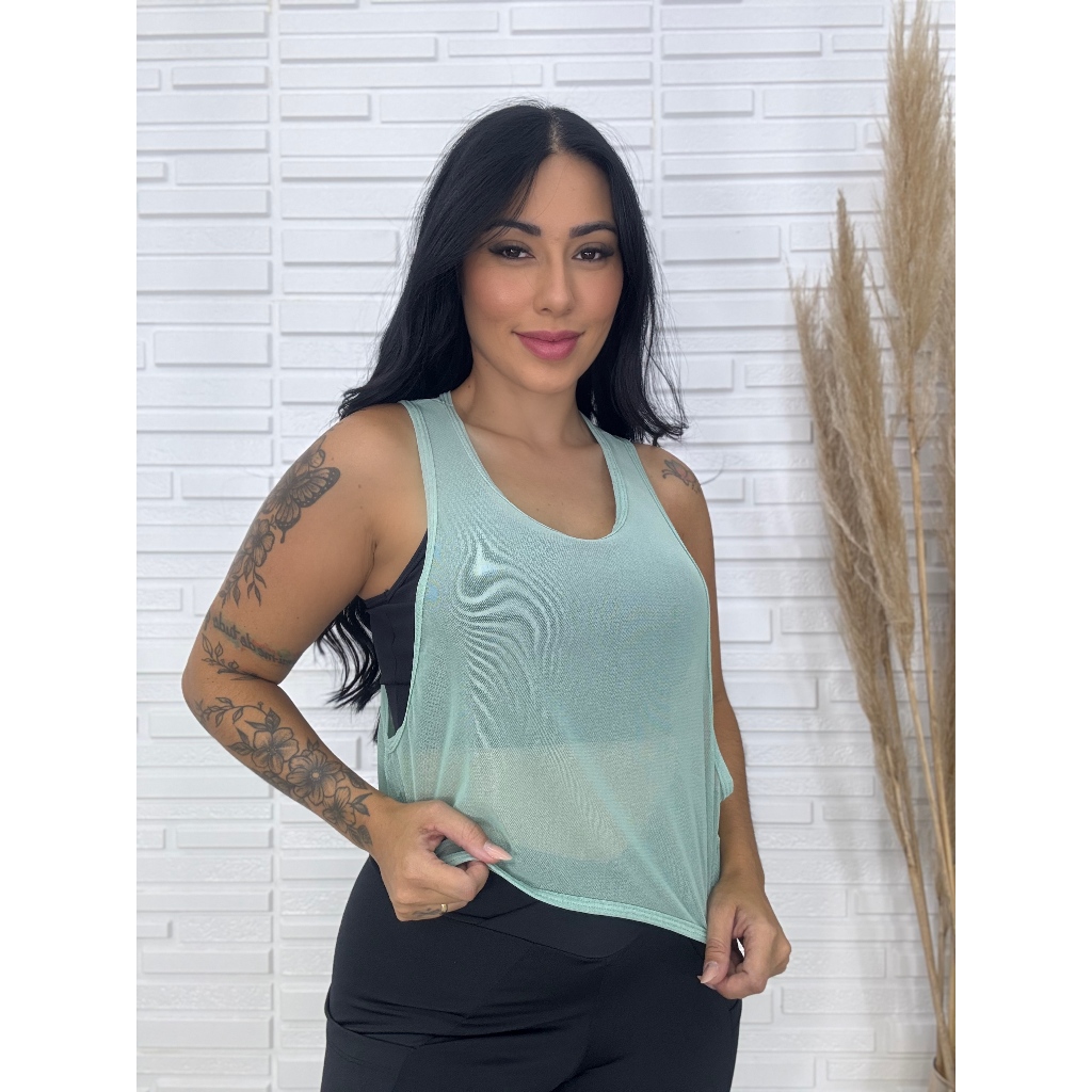 Cropped Tule Cavado na lateral  Transparente Fitness em Oferta na Shopee