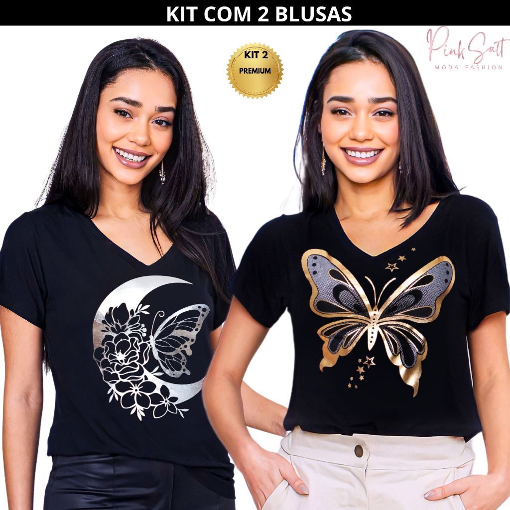 Kit com 2 Blusa Feminina Tamanho M ao G2 Camiseta Estilosa T-Shirt Premium Estampa Exclusi...