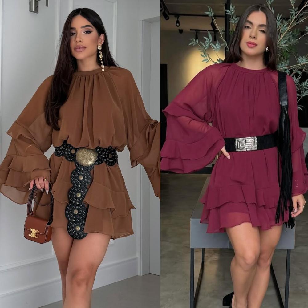 Vestido feminino Boho Chic soltinho manga longa flare com forro babado na barra outono inv...