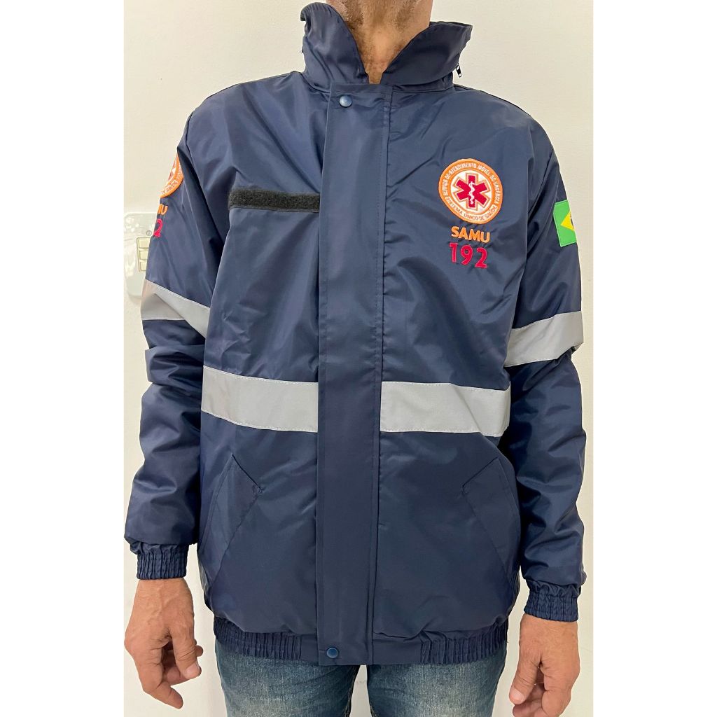 Jaqueta Profissional SAMU Nylon Resinado Impermeável – Bordada, Faixas Refletivas, Azul Marinho – P a EXG
