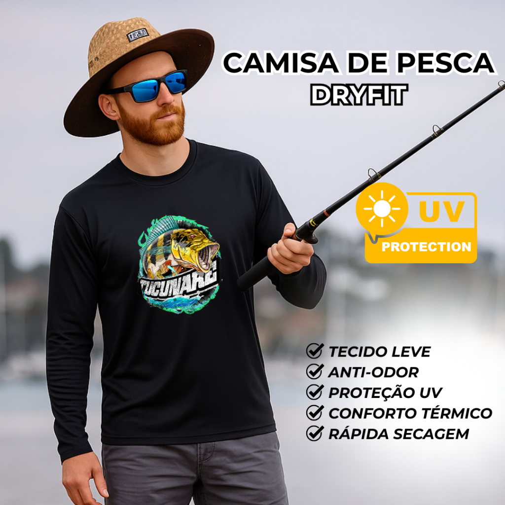 Blusa Manga Longa Camiseta de Pesca Peixe Tucunaré proteção Solar UV +50 Pesqueiro Pescar Homem masculino