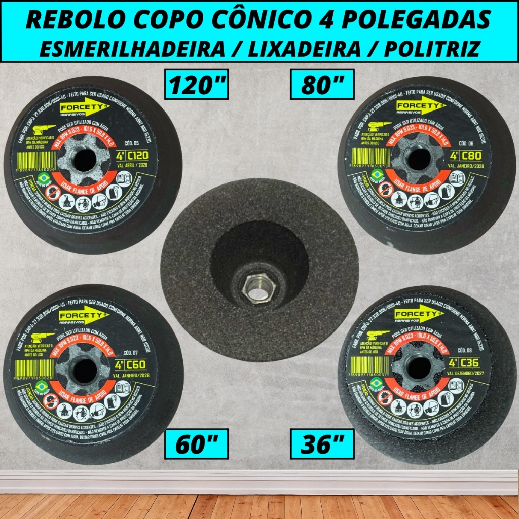 Rebolo Cônico 4 Polegadas 36 60 80 E 120 Rosca M14 Acabamento 45 Graus Meia Esquadria Porcelanato