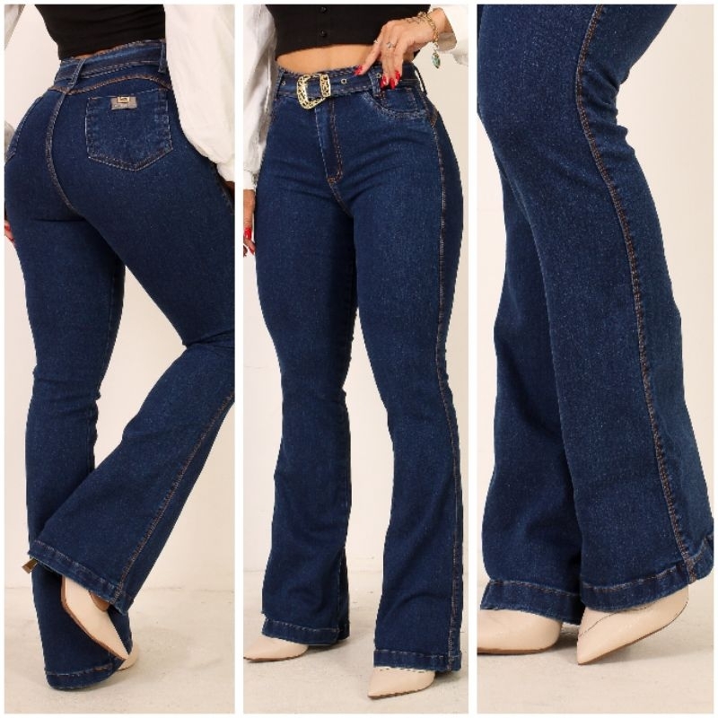 Calça Jeans Flare Feminina Modeladora Country Com Cinto Cintura Alta Com Lycra Trabalho Pantalona Boca De Sino