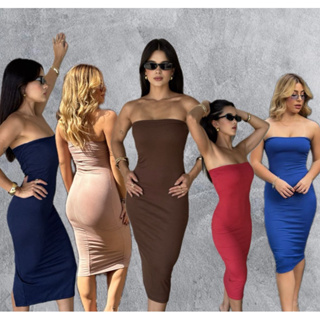 Vestido Feminino Midi Tomara que Caia Canelado Tubinho Mid  Elegância e Conforto em um Único Vestido em Oferta na Shopee