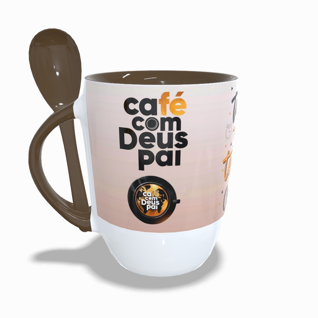 Caneca  Café com Deus Pai com Colher Interior e Alça Marrom Tudo Vem no Tempo Certo