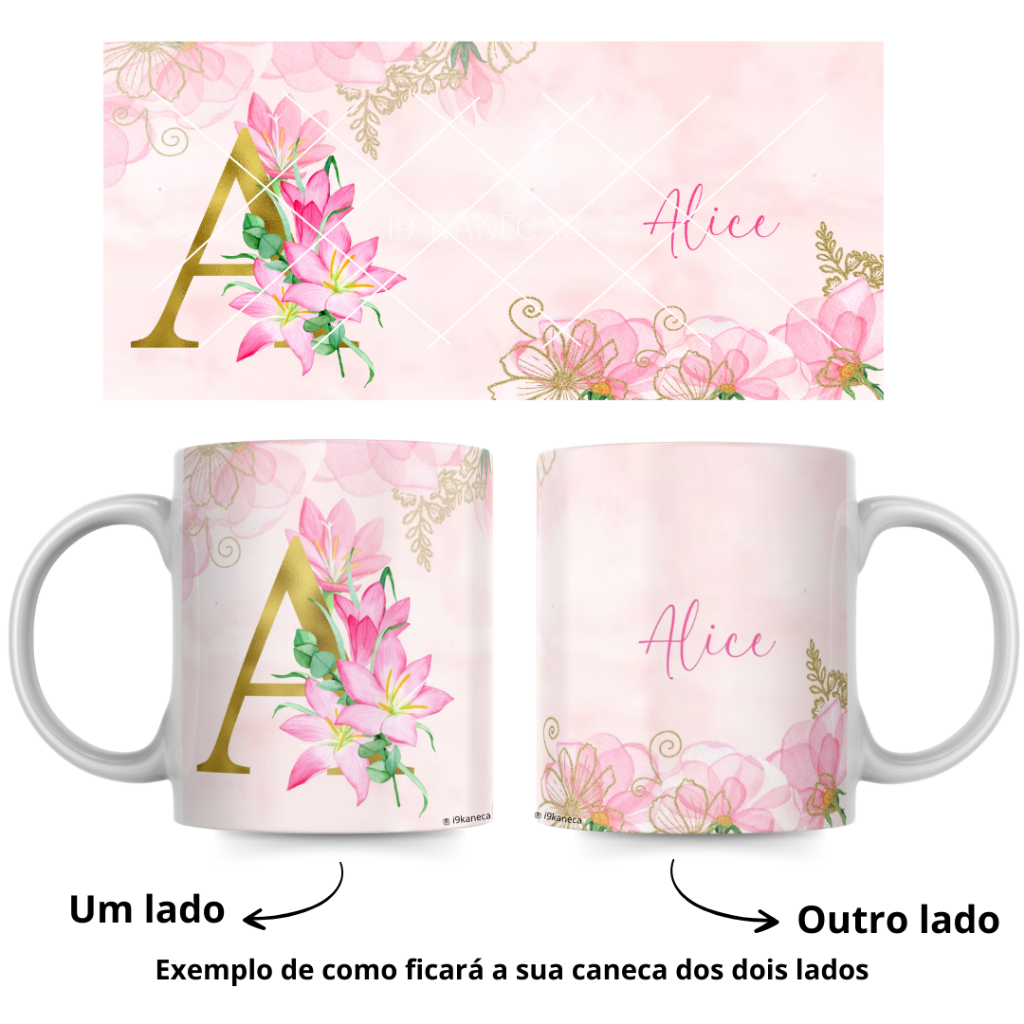 Caneca Xícara Dourado Floral Rosa Inicial com Seu Nome Menina Menino Presente Amiga Mãe Floral 325ml