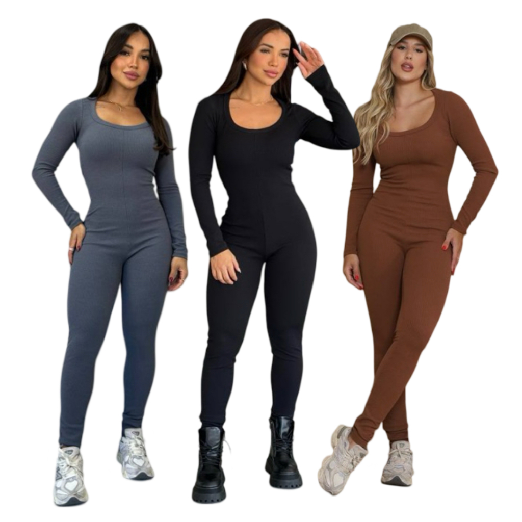 Macacão Manga Longa Virginia Canelado Legg Fitness Academia Premium Gringa Moderno