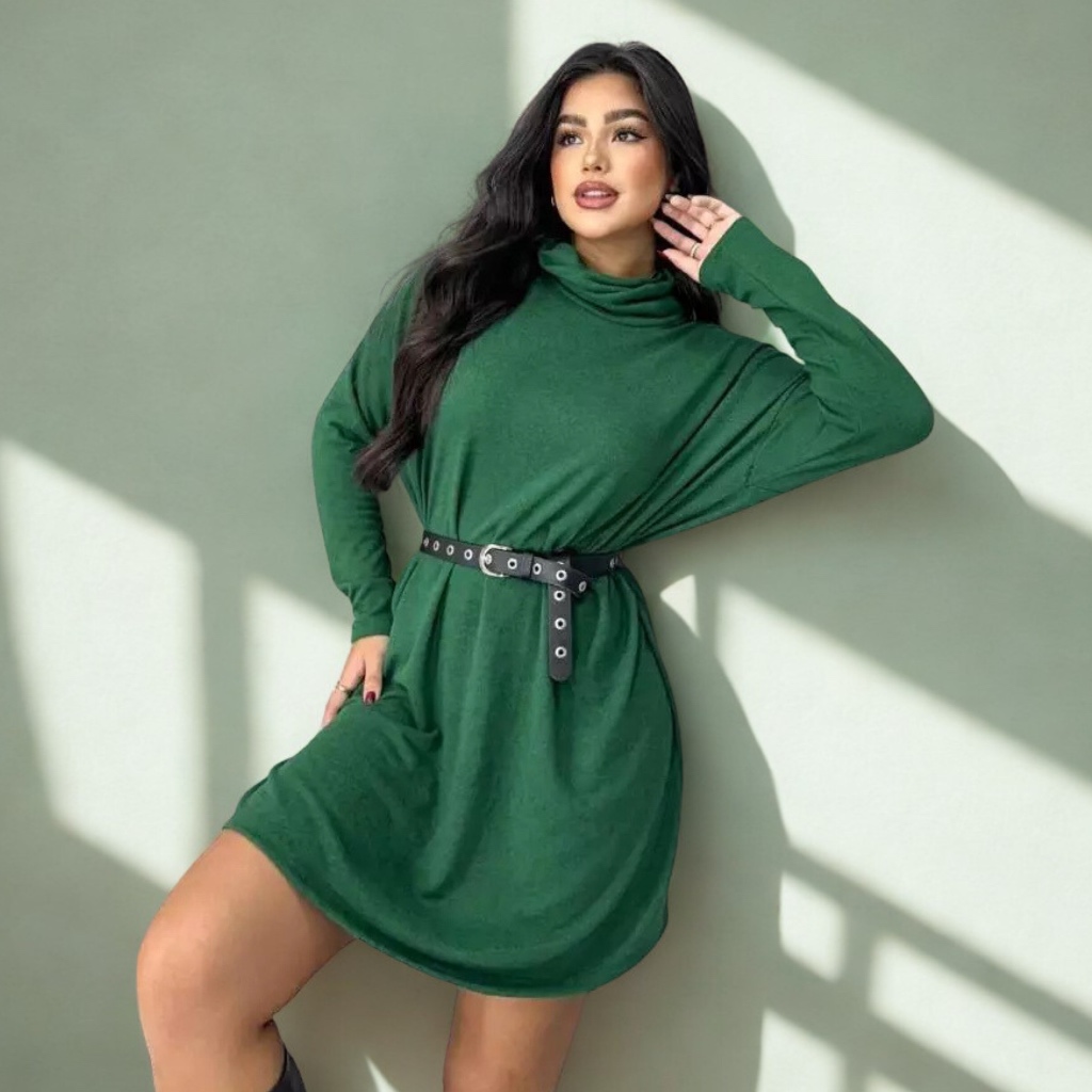 Vestido Feminino Manga Longa Gola Alta Lanzinha Lã Poncho Max Mini Vest Blusão Moda Blogueira Gringa é envio imediato