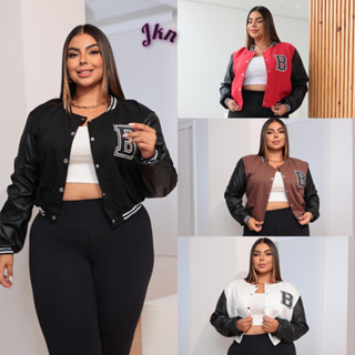 Jaqueta bomber plus size Feminina manga couro estilo Colegial Bomber moda Blogueira Invern...