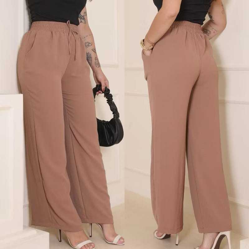 Calça Pantalona Wide leg Feminina Duna Cintura Alta Com Bolso