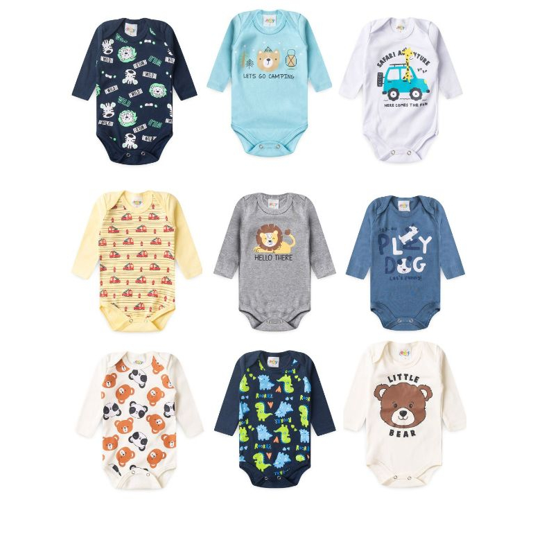 KIT 5  PEÇAS BODY  AVULSO MENINO VERÃO  MANGA LONGA   ESTAMPAS SORTIDAS P AO GG