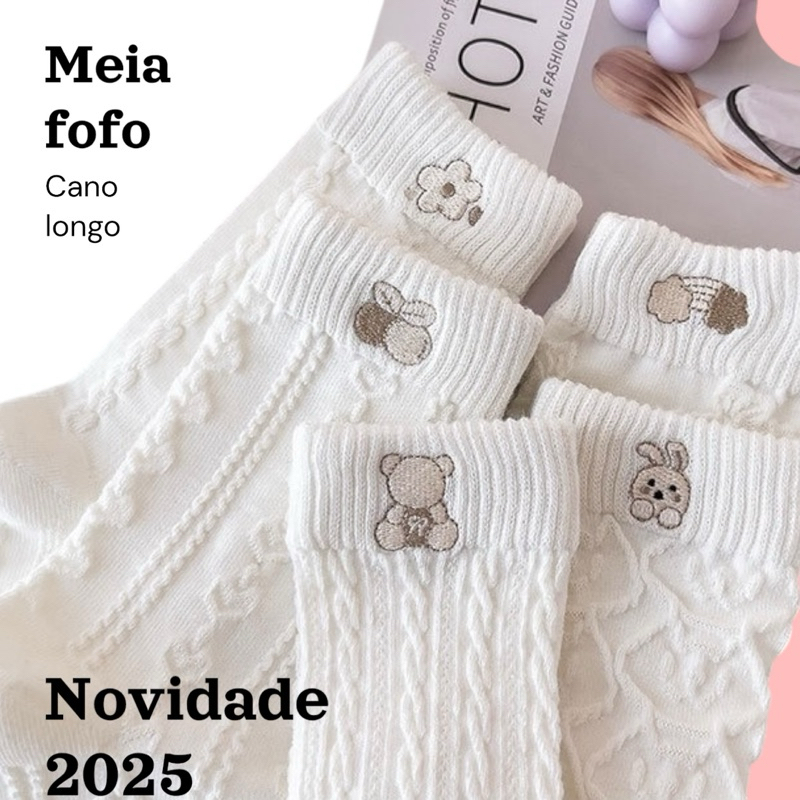 Kit meia feminina 35-40 algodao  fofo cano alto com textura desenho em Oferta na Shopee