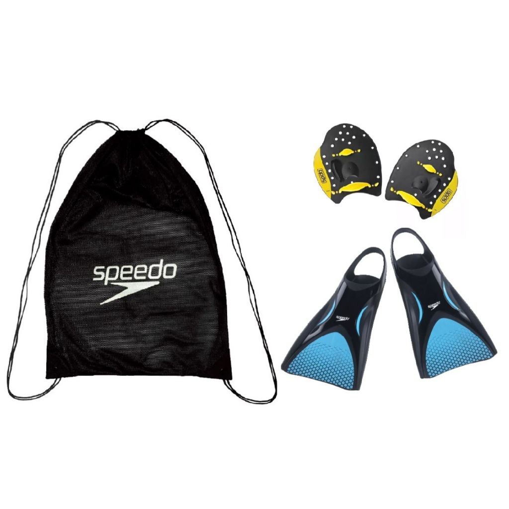 Kit Natação Speedo Nadadeira Power Fin Pé De Pato + Sacola Gym Mesh + Palmar Power Paddles