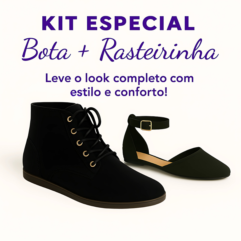 Kit Bota Feminina Cano Curto E Sandália Sapatilha Rasteira Salomé Fivela